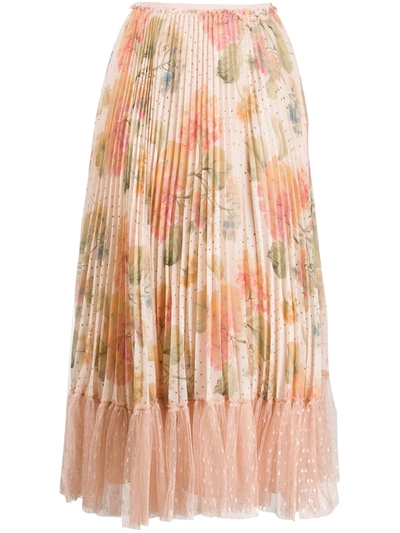 Red Valentino Redvalentino Tulle Trim Floral Pleated Skirt In Pink