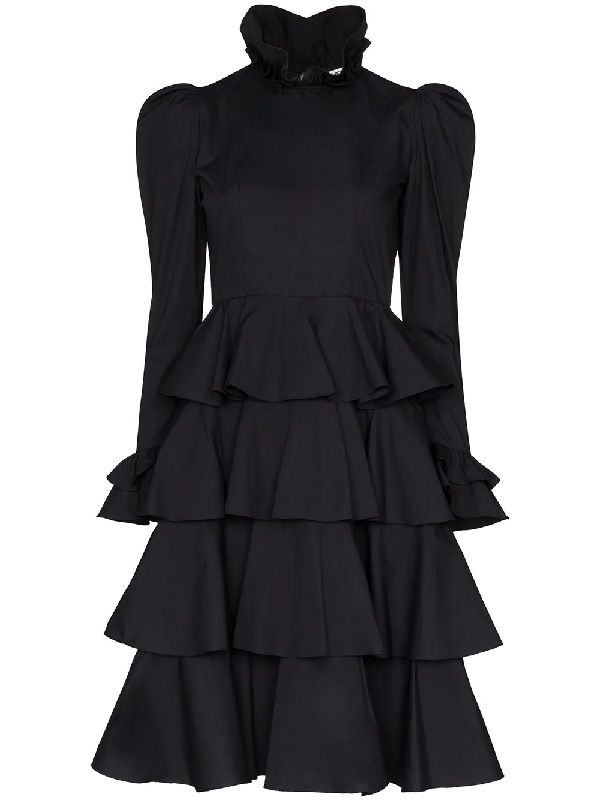 Batsheva Confection Puff-sleeved Tiered Cotton Dress In Black | ModeSens