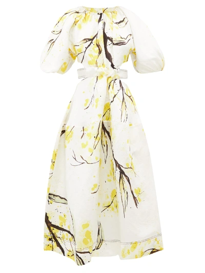 Aje Mimosa Floral-print Linen-blend Satin Dress In Wattle