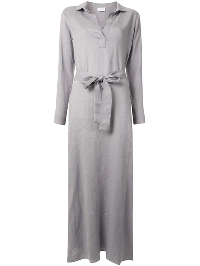 Pour Les Femmes Open-collar Tie-waist Linen Nightdress In Grey