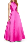 ml Monique Lhuillier Satin Mock Neck Evening Dress In Magenta