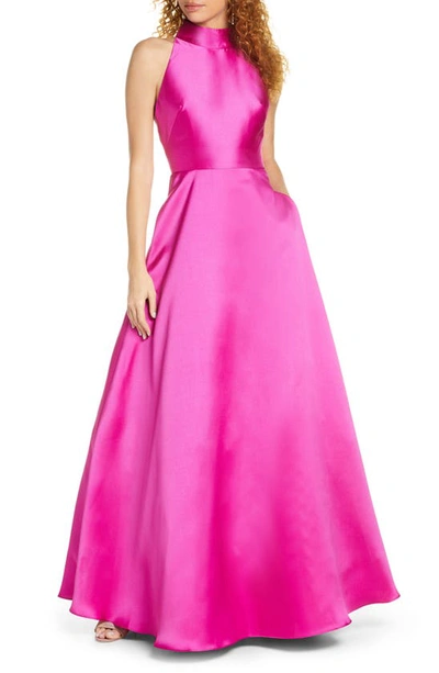 ml Monique Lhuillier Satin Mock Neck Evening Dress In Magenta