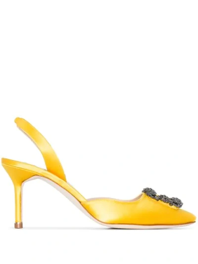 Manolo Blahnik Yellow Hangisi 70 Slingback Satin Pumps