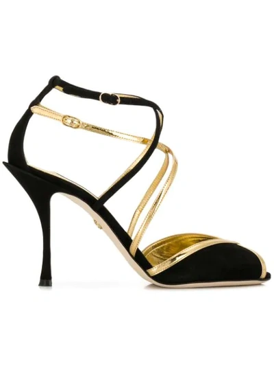 Dolce & Gabbana Metallic Leather-trimmed Suede Sandals In Black,gold