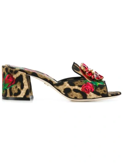 Dolce & Gabbana Crystal-embellished Leopard And Floral-print Canvas Mules
