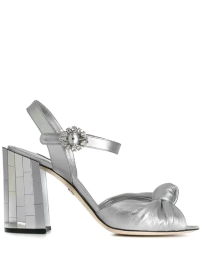 Dolce & Gabbana Embellished Knotted Metallic Leather Sandals In Silver