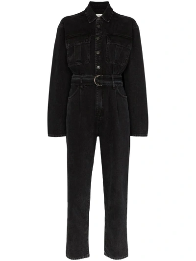 Agolde Tatum Faded Waist-tie Denim Jumpsuit In Black