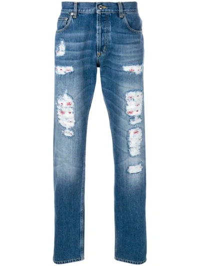 Alexander Mcqueen Distressed Folk Embroidery Jeans In Blue