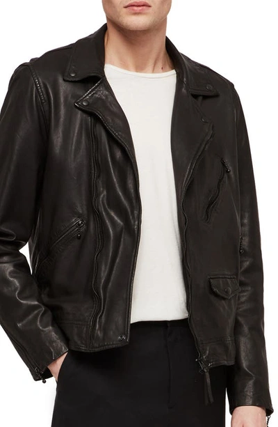 Allsaints Holt Slim Fit Leather Biker Jacket In Jet Black