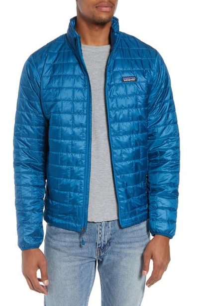 Patagonia Packable Windproof & Water Repellent Down Hooded Jacket In Big Sur Blue W/ Balkan Blue