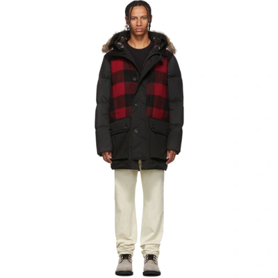 Woolrich Buffalo Check Hooded Down Parka With Genuine Shearling Trim In Black