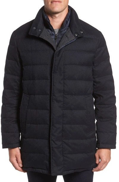 Cole Haan Stand Collar Quilted Down Coat With Inset Bib In Navy