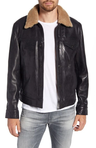 Schott Vintage Buffalo Leather Trucker Jacket With Genuine Sheepskin Collar In Black