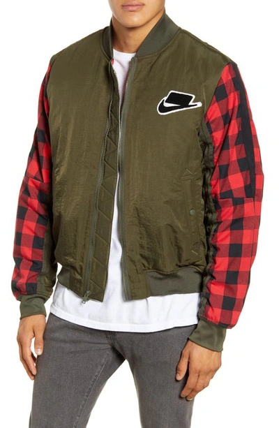 Nike Sportswear Buffalo Check Synthetic Fill Bomber Jacket In Cargo Khaki/gym Red/sail