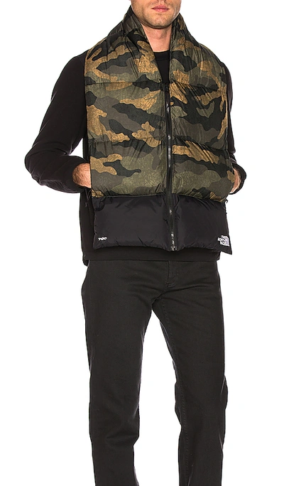 The North Face Nuptse Down Scarf In Burnt Olive Green Waxed Camo Print