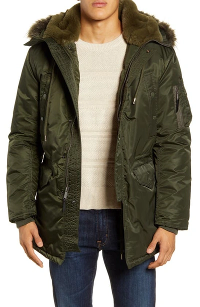 Schott Satin Flight Parka With Removable Faux Fur Lining In Olive