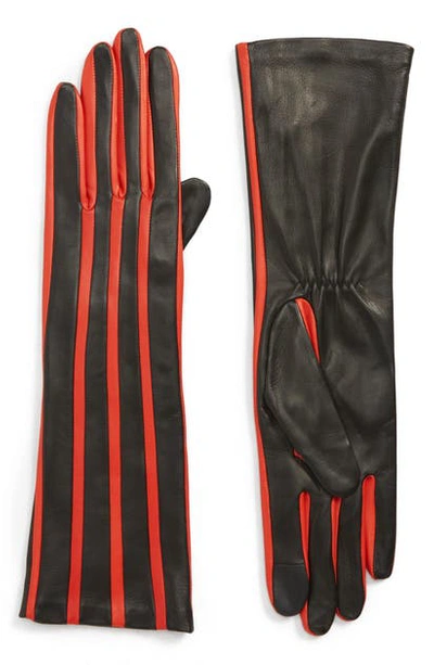 Agnelle Stripe Lambskin Leather Gloves In Black Tactile/ Red