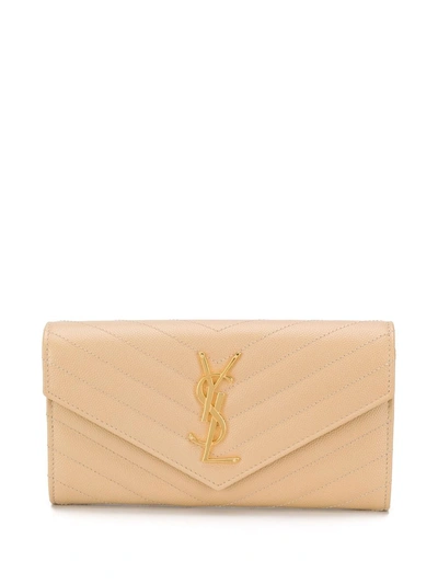 Saint Laurent Monogramme Logo Leather Flap Wallet In Latte
