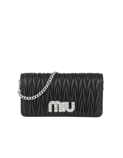 Miu Miu Matelasse Leather Wallet On A Chain In Black