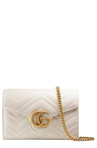 Gucci Gg Matelasse Leather Wallet On A Chain In Mystic White/ Mystic White