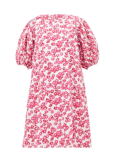 Merlette Aster Floral-print Pleated Cotton-poplin Dress In White/fuchsia Print