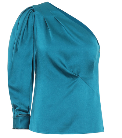 Peter Pilotto Pleated One-shoulder Satin Top In Blue