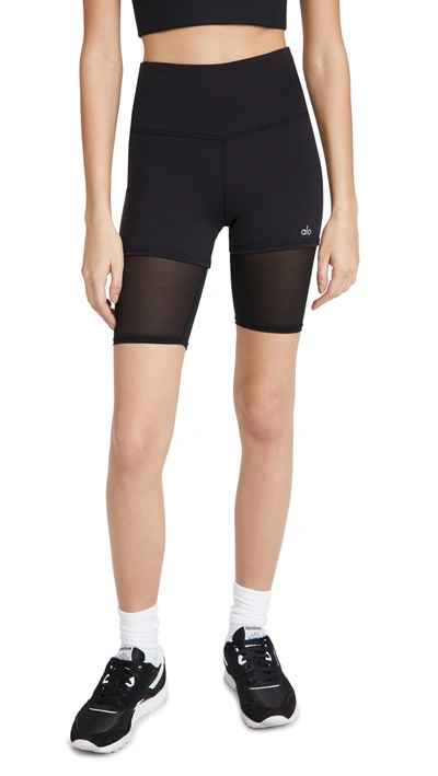 Alo Yoga Lavish Mesh-trimmed Stretch Shorts In Black