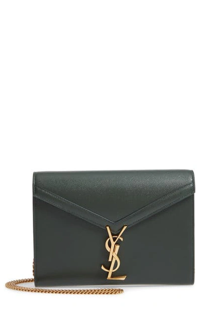 Saint Laurent Cassandra Leather Wallet On A Chain In Vert Fonce