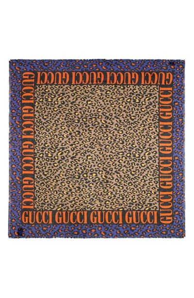Gucci Disco Leopard & Logo Print Scarf In Beige/ Blue