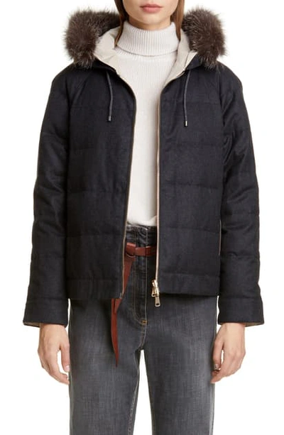 Brunello Cucinelli Hooded Reversible Jacket With Genuine Fox Fur Trim In Anthracite