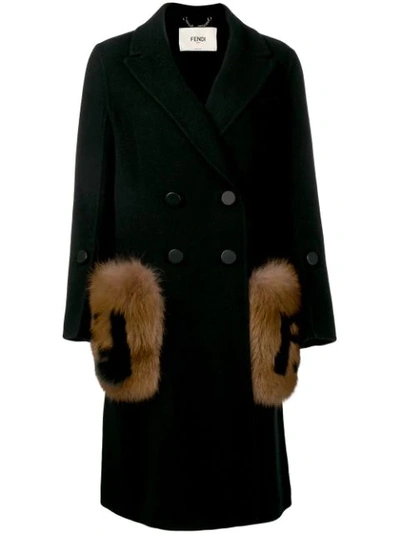 Fendi Double Breasted Wool Coat With Genuine Fox Fur Logo Pockets In Black