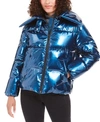 Kendall + Kylie Shiny Vinyl Puffer Coat In Blue