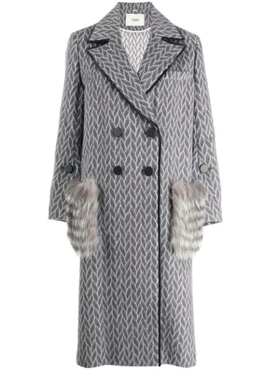 Fendi Double Breasted Wool & Alpaca Blend Coat With Genuine Fox Fur Pockets In Grey