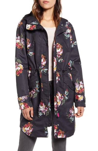 Joules Loxley Floral Print Waterproof Hooded Raincoat In Black Peony