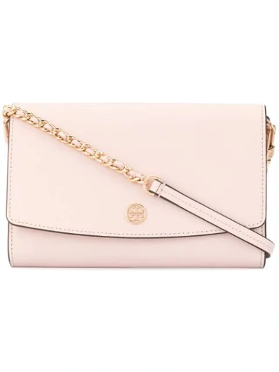 Tory Burch Robinson Croc Embossed Leather Wallet On A Chain In Pink