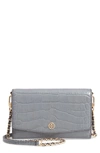 Tory Burch Robinson Croc Embossed Leather Wallet On A Chain In Zinc/gold