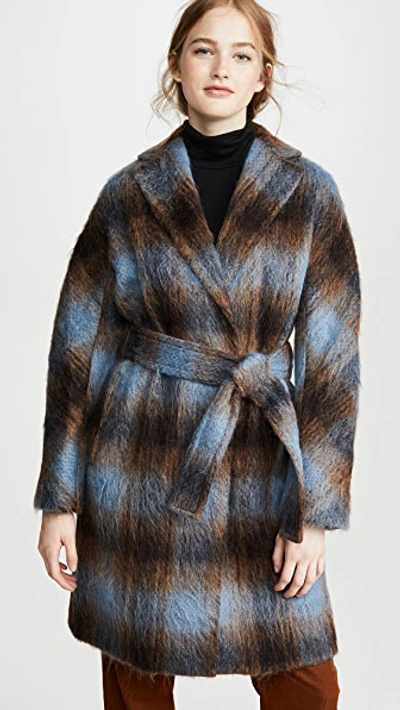 Vince Plaid Belted Wool Alpaca Blend Coat In Azurite Plaid