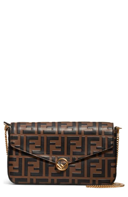Fendi Double-f Logo Leather Wallet On A Chain In Maya/ Black/ Soft Gold ...