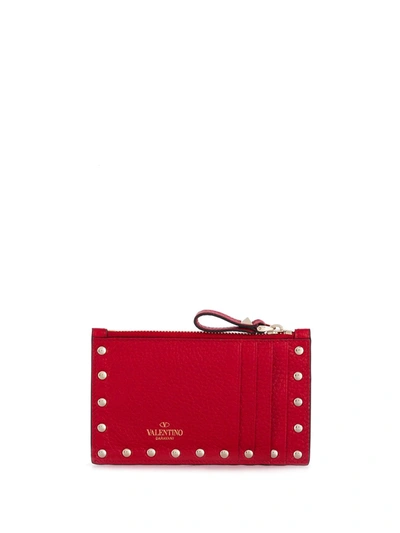 Valentino Garavani Rockstud Leather Zip Card Case In Red