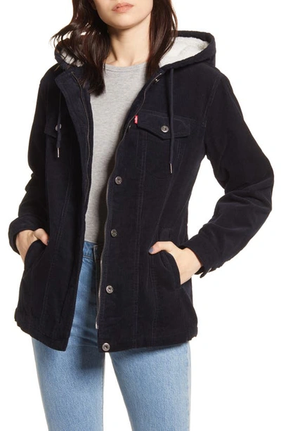 Levi's Hooded Corduroy Trucker Jacket With Faux Shearling Lining In Navy |  ModeSens