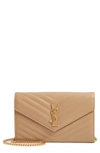 Saint Laurent Large Monogram Quilted Leather Wallet On A Chain In Latte