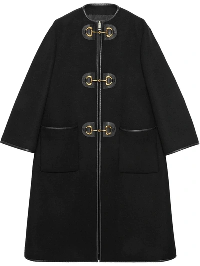 Gucci Horsebit Toggle Leather Trim Wool Blend Military Coat In Black