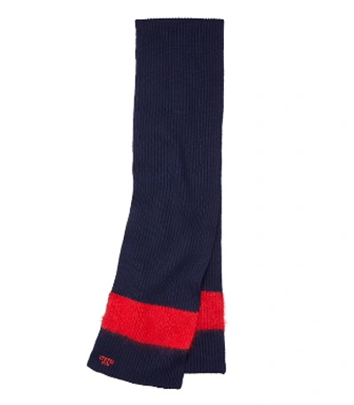 Tory Burch Stripe Rib Wool Blend Scarf In Tory Navy/ Red
