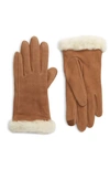 Ugg Genuine Shearling Trim Suede Tech Gloves In Chestnut