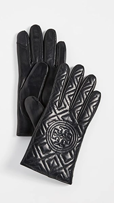 Tory Burch Fleming Quilted Lambskin Leather Gloves In Black