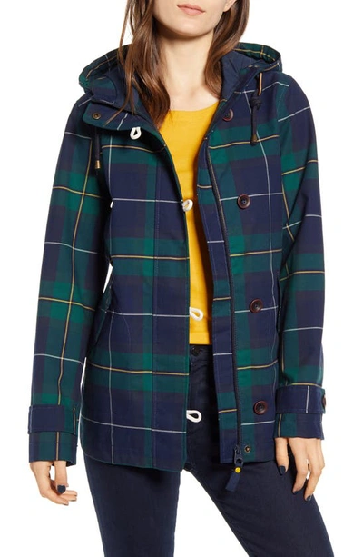 Joules Right As Rain Print Waterproof Hooded Jacket In Green Check