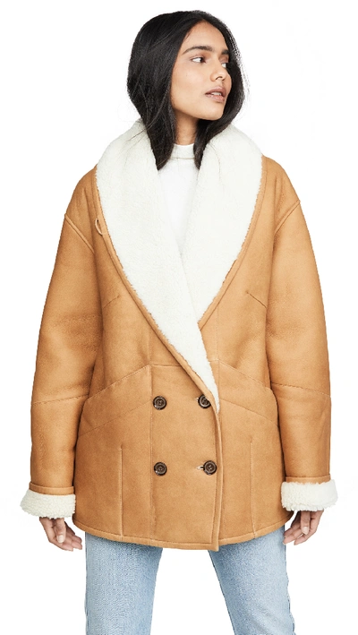 Frame Genuine Shearling Cocoon Coat In Golden Beige