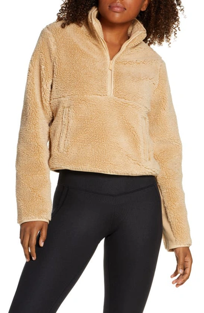 Alo Yoga Shanti Half Zip Faux Shearling Pullover In Camel