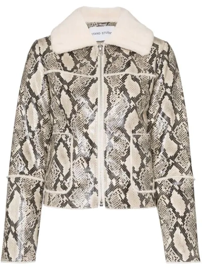 Stand Studio May Faux Fur-trimmed Faux Snake-effect Leather Jacket In Nartural+snake