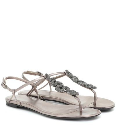 Valentino Garavani Garavani Snake-embellished Metallic Leather Thong Sandals In Argento